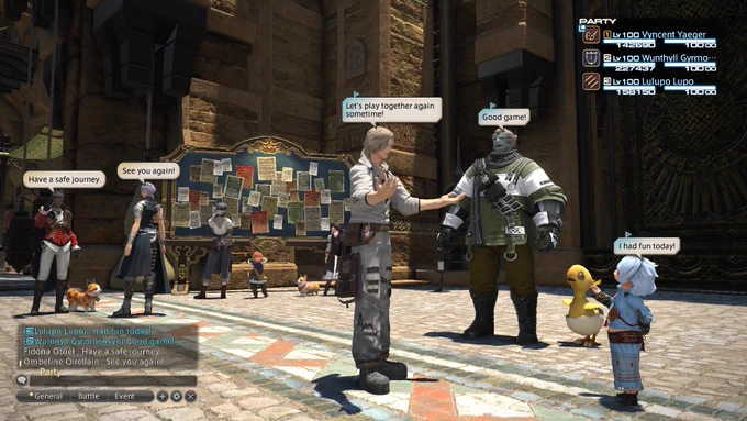 A Final Fantasy 14 screenshot showing multiple player characters standing near a marketboard in Ul’dah using the chat bubble feature.