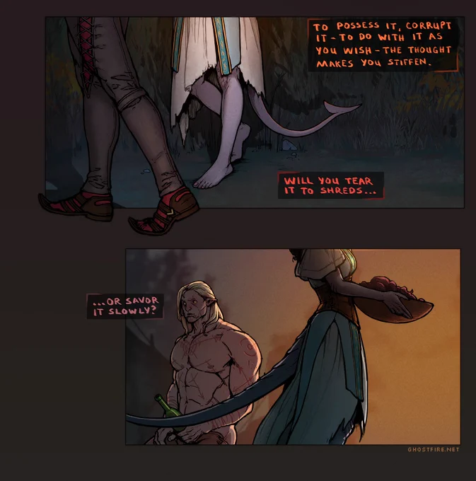Comic featuring Ottilenne and DU Drow
(Text)
To possess it, corrupt it - to do with it as you wish - the thought makes you stiffen.

Will you tear it to shreds...
...or savor it slowly?