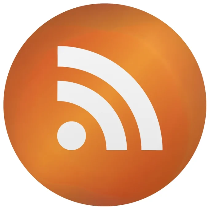 Orange RSS feed icon with white sound waves set against a white backdrop.
