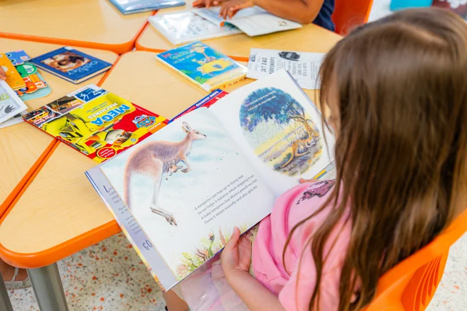 A young girl with long hair is seated at a library table. She is reading a book with photos that include a kangaroo with her joey and then another photo of the kangaroo resting beside a tree. A variety of books are scattered on top of the table. 