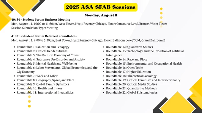 Flyer titled “2025 ASA SFAB Sessions” in yellow highlight, with black-and-yellow arrow graphics. Monday, August 11 events: 

40454 - Student Forum Business Meeting: 10–11:30am, West Tower, Hyatt Regency Chicago, Concourse Level/Bronze, Water Tower. 

41021 - Student Forum Refereed Roundtables: 4–5:30pm, East Tower, Ballroom Level/Gold, Grand Ballroom B. 
Roundtables include: Education & Pedagogy; Critical Gender Studies; Political Economy of China; Substance Use Disorder & Anxiety; Mental Health; Labor Movements & Gig Economy; Work & Labor; Geography, Space & Place; Global Family Dynamics; Health & Illness; Intersectional Inequalities; Qualitative Studies; Technology & AI; Race & Place; Environmental & Occupational Health; Open Topic; Higher Education; Theoretical Sociology; Critical Feminism & Intersectionality; Critical Media Studies; Quantitative Methods; Global Epistemologies.