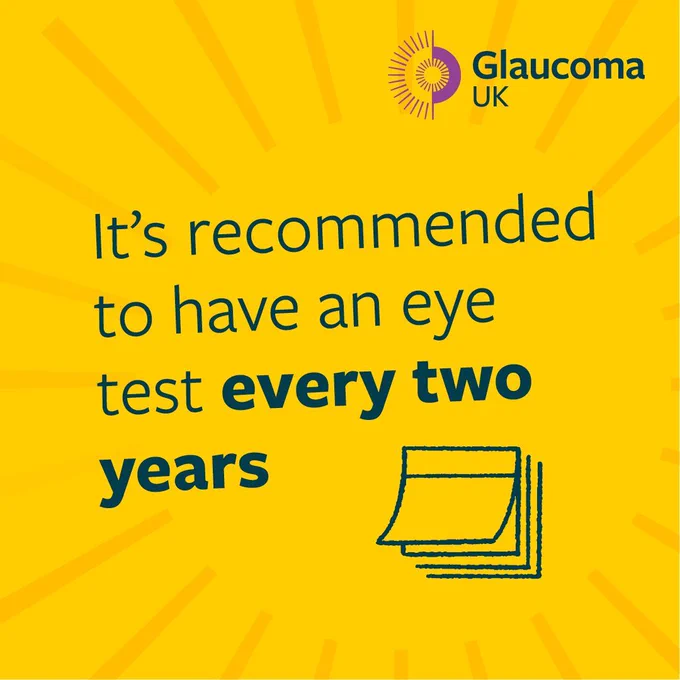 Yellow image which has a calendar icon on it and text that reads: "It's recommended to have an eye test every two years."