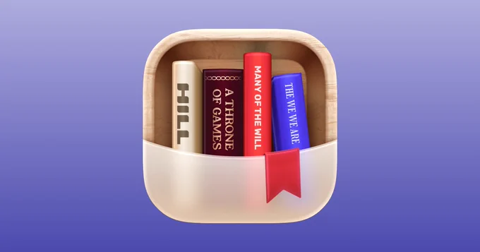 An app icon on a blue background. It shows a litte wood shelf with four books standing on it. The front is partially covered by glass, with a red bookmark hanging out.

The backs of the books are differently coloured and have book titles on them. They say:
- HILL (Beige Book)
- A Throne of Games (Brown Book)
- Many of the Will (Red Book)
- The We We Are (Blue Book)