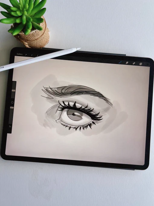 Black and white digital sketch of a human eye on an iPad screen, with an Apple Pencil and a small potted plant nearby.