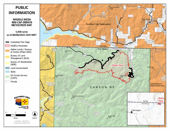 Public Information Map for the Middle Mesa Fire for 08-10-2025