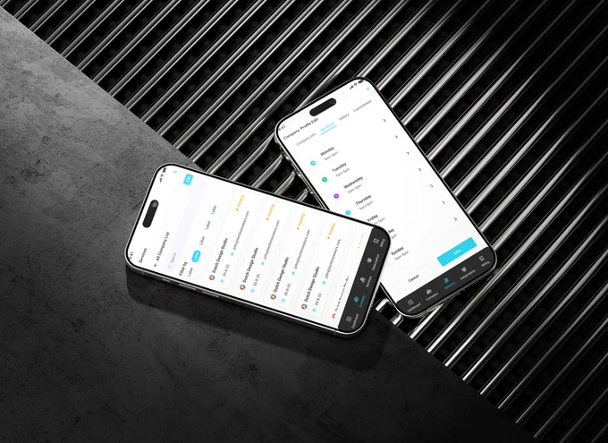 Mobile app showing gallery upload, hours scheduling, and review list.