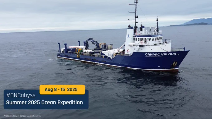 Motor vessel Canpac Valour sailing on calm waters with text on screen reading: #ONCabyss Summer 2025 Ocean Expedition, August 8 to 15.
