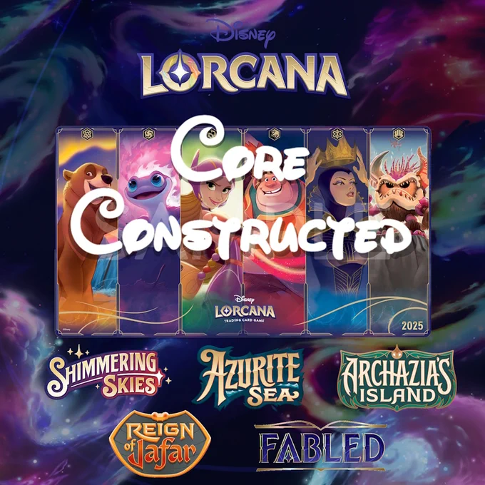 Image shows the logo for Lorcana with the list of sets being used in a Core Constructed event at Tabletop Scotland. More information at the link.