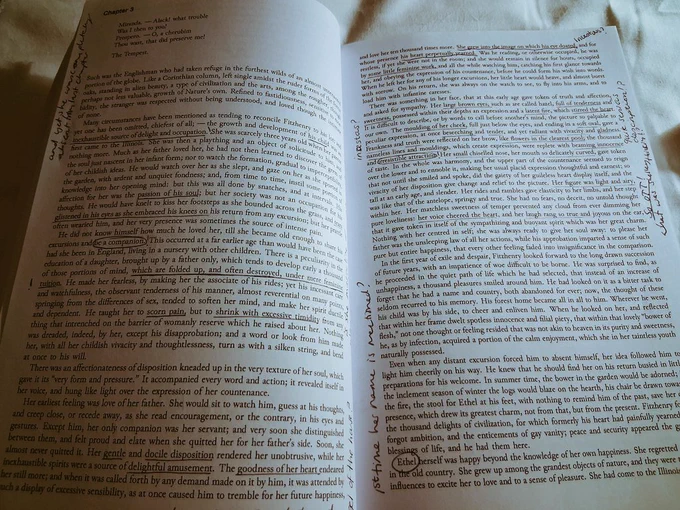 The photo shows a double page spread of small black typed text which is the first two pages of chapter 3 of Mary Shelley's Lodore. The pages are covered in hand written annotations  (mine)