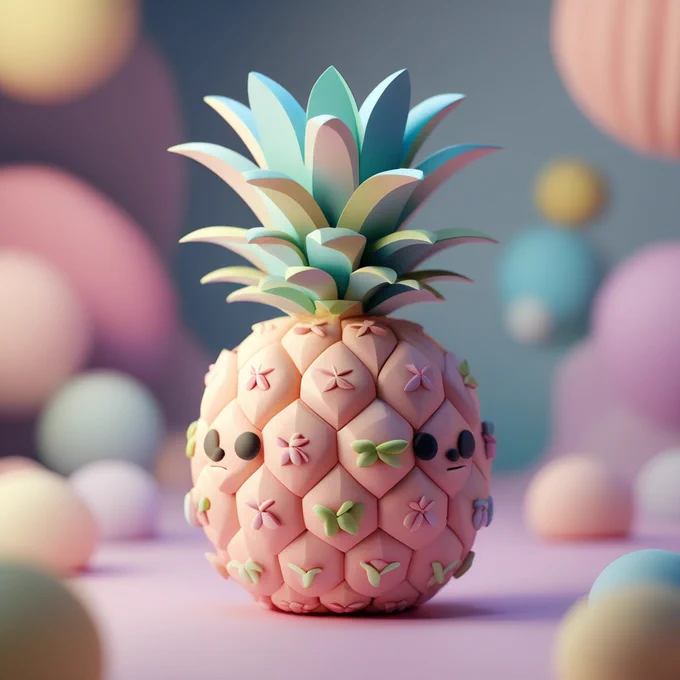 Centered, very cute, isometric view, unique clay 3d icon curved low poly, a pineapple, 100 mm, Pastel colors, 3d blender render, Neutral blur background, Centered, matte clay, Soft shadows, Cute, pretty, curves