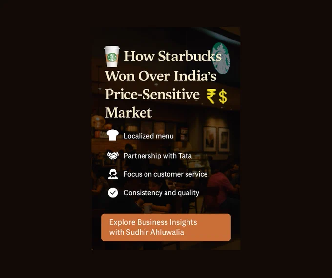 ☕ Cracking the Indian Market: Starbucks' Strategy for Success
It was sometime in the mid-2000s, during one of my US visits, that I took a call with someone from the Starbucks LA team. It left me with the impression that the coffee giant was considering a move into India’s complex, price-sensitive market.
Fast forward to 2012:
A landmark 50:50 joint venture between Tata and Starbucks was formed.
Today, Starbucks operates 400  stores in India, where coffee and snacks cost ~US$10 — in a country where the per capita income is just US$2880.
❓ So how did Starbucks thrive in such a price-conscious economy?
✅ Deep market due diligence
✅ Joint venture with a trusted Indian conglomerate
✅ Value-aligned partnership with TATA
✅ Smart store location strategy
✅ Localized menu innovations
✅ Focus on customer service excellence
✅ Consistency in quality
🧭 Lesson: India is not just a market — it’s an ecosystem. Success requires patience, partnerships, and profound respect for local culture and complexi