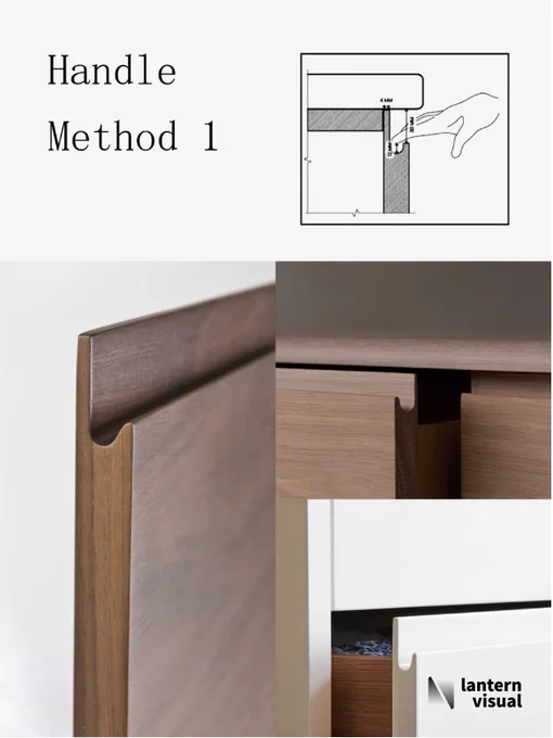 The image showcases a "J-shaped integrated handle" (Handle Style 1). Its defining feature is a smooth C-shaped groove machined into the top of the door panel, creating a seamless, handle-free visual effect for an ultra-minimalist appearance. The picture includes a technical cross-section diagram and a real-world application example on dark wood cabinetry.
Lantern Visual transforms such unique design concepts into powerful photorealistic sales tools. With our VIP subscription service, North American designers and manufacturers receive draft renderings within 48 hours, enjoy unlimited revisions, and can start a free weekly trial today.