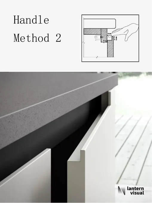 The image features a "45° Beveled Edge Handle" (Handle Style 2), where the door panel’s top edge is precision-cut at a 45-degree angle for effortless opening, achieving a modern, minimalist aesthetic. Shown here on white cabinetry.
With Lantern Visual, such design details can be transformed into photorealistic renderings within 48 hours. As your seamless design extension in North America, we offer unlimited revisions until you—and your clients—are 100% satisfied.