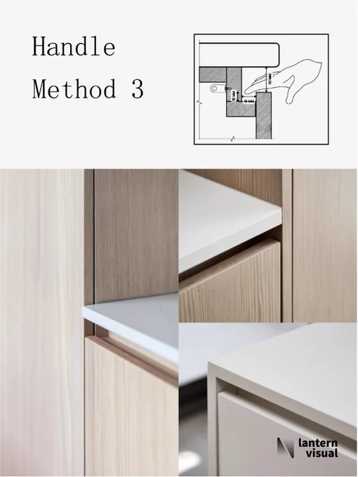 The image showcases a "Rear-Mounted Integrated Handle" (Handle Style 3). By embedding the pull mechanism behind the door panel, it maintains a perfectly flush front surface, delivering a sophisticated hidden design.
Need to clearly present this intricate structure to clients? Lantern Visual not only creates 3D models and renderings with technical precision but also assists with space planning. Our flexible subscription service can be paused or canceled anytime—you only pay for the productivity you need.