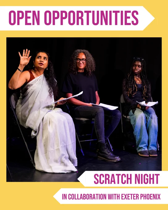Four members of theatre company Beyond Face sit on chairs with scripts and listen to one of their number performing.