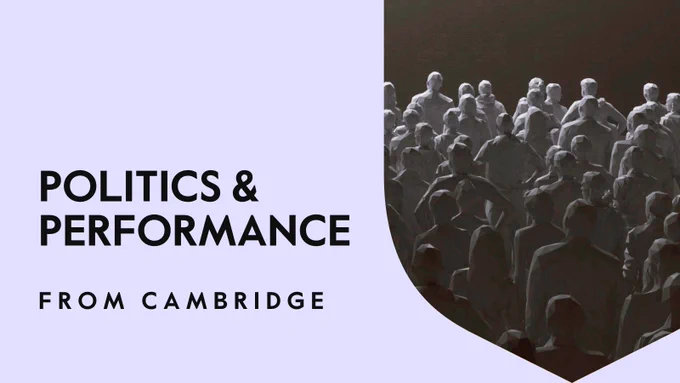 Banner image for 'Politics & Performance from Cambridge.' The graphic features an illustration of a crowd in a dimly lit setting on the right side, with the text on a purple background to the left.