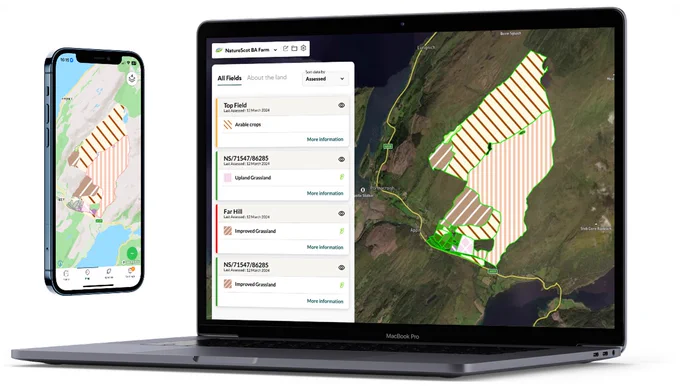 An image of a laptop and smartphone  displaying the Farm Bio Scot app