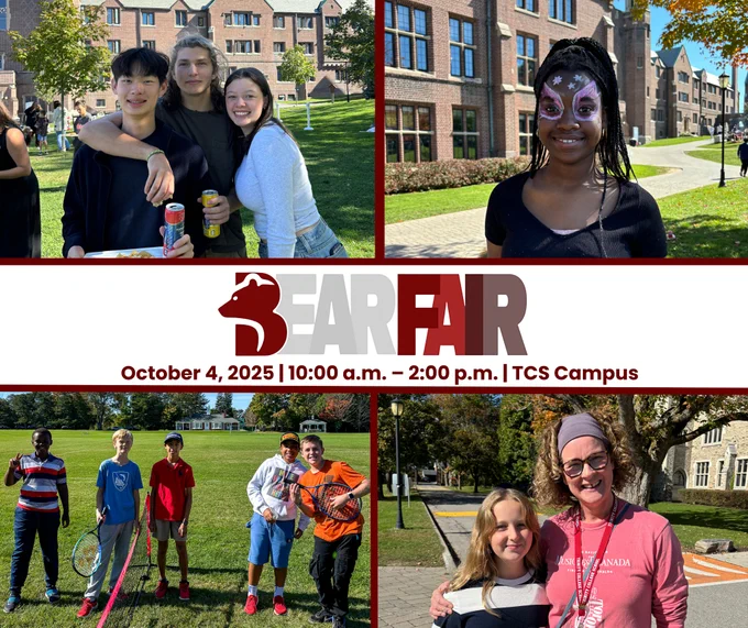 The visual contains the text Bear Fair October 4, 2025. 10:00 a.m. to 2:00 p.m. TCS Campus. There are four photographs on the visual containing smiling students and staff.