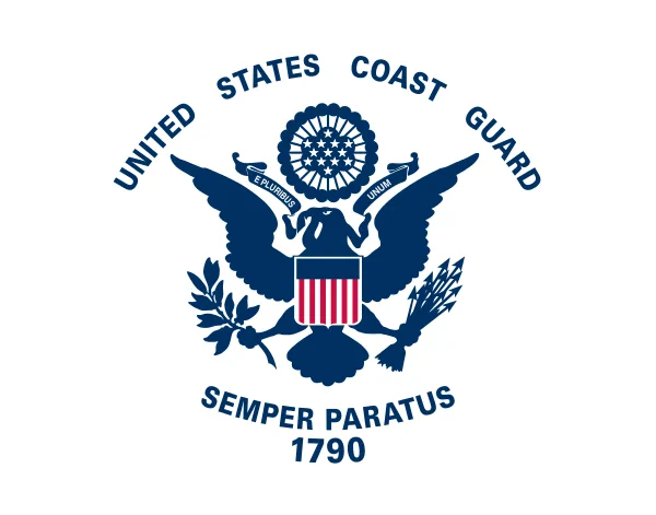Logo of the United States Coast Guard featuring an eagle with spread wings, a shield with vertical stripes, flanked by anchors and foliage, and the motto "Semper Paratus 1790" below.