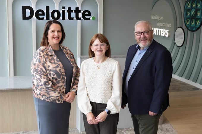 Photograph of Marie Doyle, office senior partner at Deloitte Belfast, Economy Minister Dr Caoimhe Archibald and Belfast Met’s interim Principal and Chief Executive Damian Duffy in Deloitte's offices.