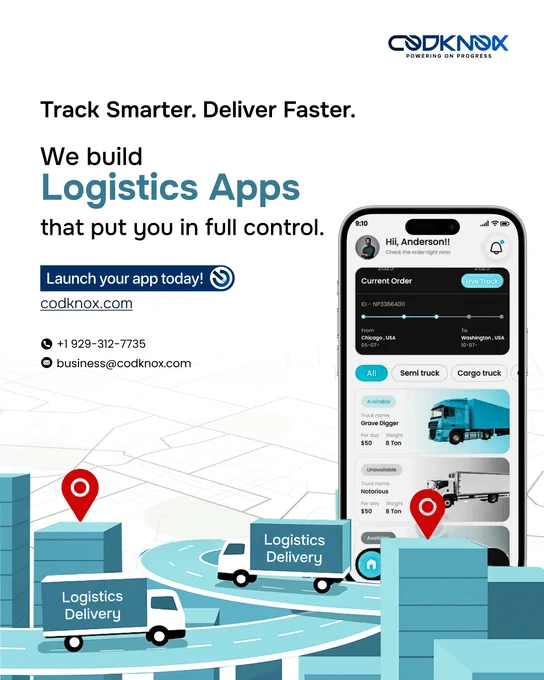 CodKnox ad showing a logistics app with delivery trucks, location pins, and contact info to launch your app.
