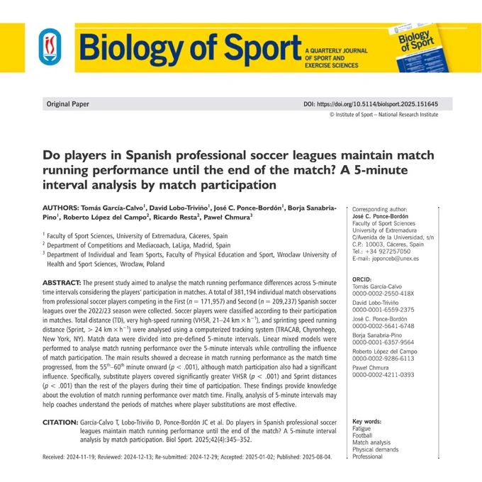 García-Calvo T, Lobo-Triviño D, Ponce-Bordón JC, et al. Do players in Spanish professional soccer leagues maintain match running performance until the end of the match? A 5-minute interval analysis by match participation. Biology of Sport. 2025;42(4):345-352. doi:10.5114/biolsport.2025.151645.