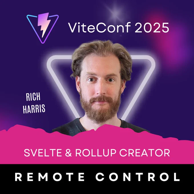Speaker card of Rich Harris for ViteConf 2025. He is announced as the Svelte & Rollup Creator and his talk title is "Remote Control".