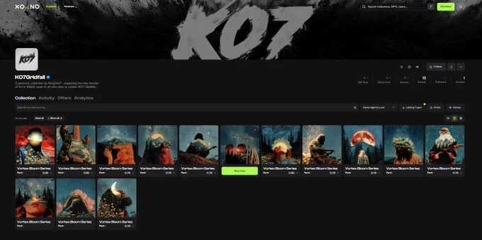 My first personal NFT artwork, KO7: Gridfall is now displayed on XOXNO.

I’m starting with The Vortex Bloom Series - 14 unique, one‑of‑a‑kind NFTs - in motion, so kindly pay attention to details.

Explore them via the link in the first comment and let me know your thoughts - your feedback matters.

KO7 - for Art, for NFTs, for the people.