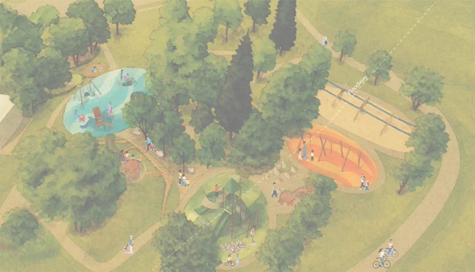 A rendering of the upgraded playground at Rolland Moore Community Park with more trees and a more nature-inspired look