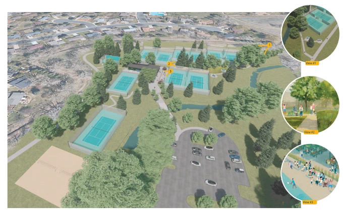 A rendering of the upgraded tennis complex at Rolland Moore Community Park