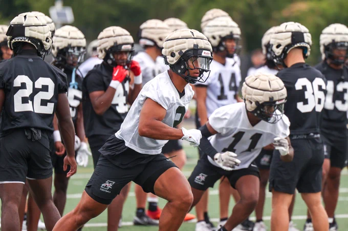 UIndy football's Cobi Lewis on thr first day of practice for the 2025 season. 