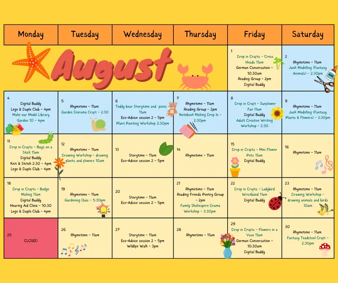 This image shows the August events calendar for Godalming Library. 
