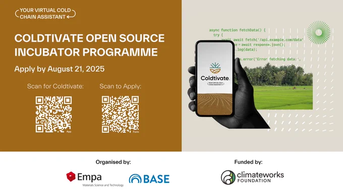 The image includes two links, one to download Coldtivate and one to apply for the the Coldtivate Open Source Incubator Programme. 

The link to download Coldtivate is: https://yourvcca.org/coldtivate/
The link to apply to the Incubator is: http://bit.ly/3HiDQro
The link to get more information on the Incubator is: https://yourvcca.org/blog/apply-now-to-join-coldtivates-open-source-incubator-program/