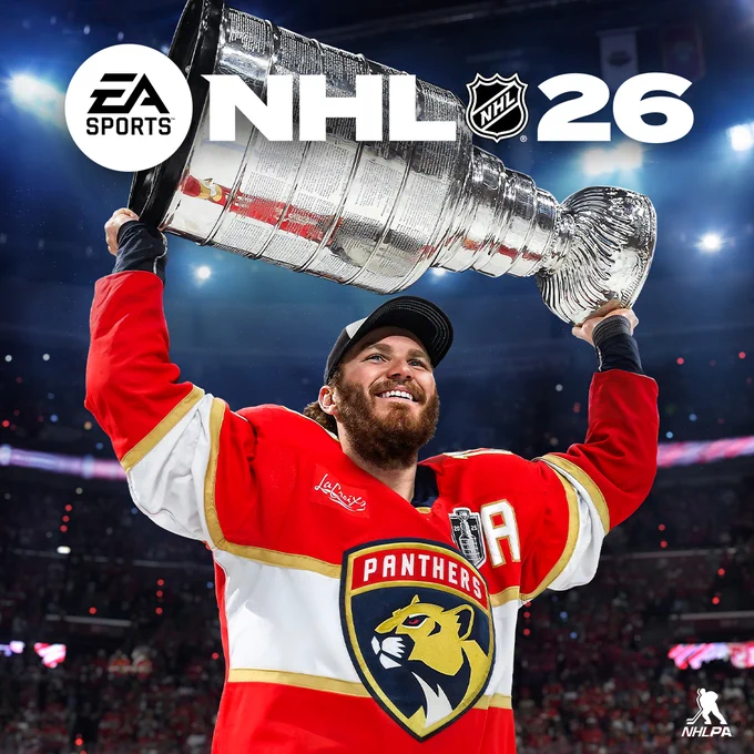 Below the EA NHL 26 logo is a photo of Matthew Tkachuk hoising the Stanley Cup. 