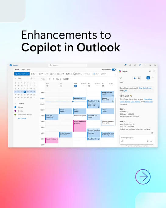 Text reads, "Enhancements to Copilot in Outlook."