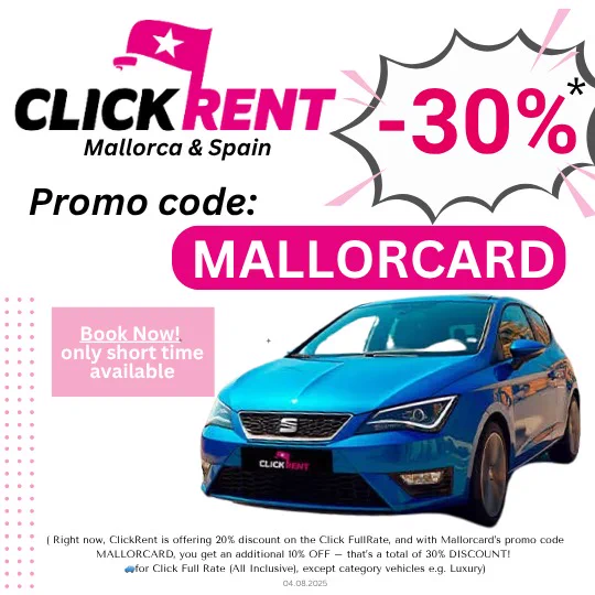 Click Rent Promo Code: MALLORCARD
Ups to -30% Discount hire car Rental Spain Mallorca Ibiza 