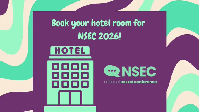 Image features a multi-colored and purple background. The bottom left part of the image features a hotel graphic. Above the graphic is the text "Book your hotel room for NSEC 2026"