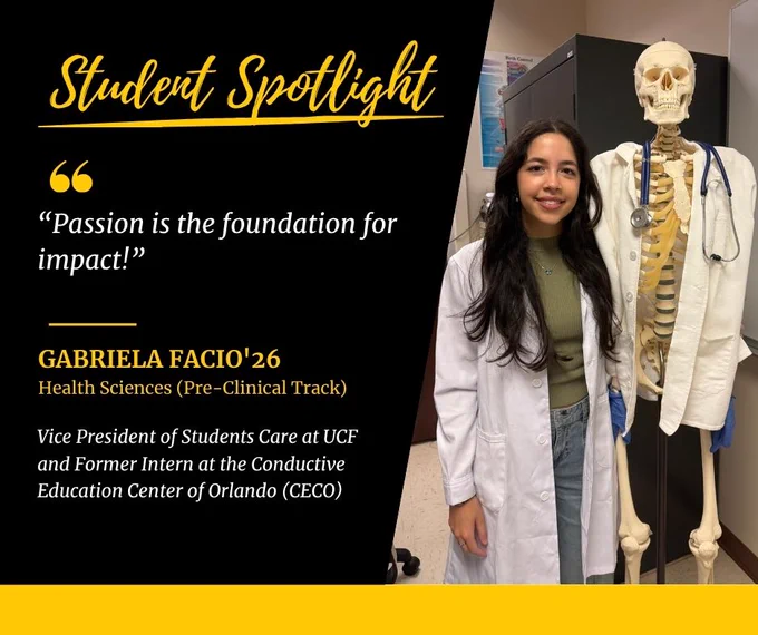 A UCF Health Sciences student spotlight featuring Health Sciences major Gabriela Facio. Gabriela is shown standing next to a skeleton that she uses in her role as an anatomy lab teaching assistant.