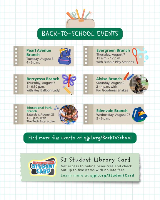 Listing off several back to school events that can be found at sjpl.org/BackToSchool. Plus, SJPL has student library cards