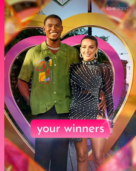 An image of Toni and Cach stood next to each other, Toni is wearing a black and silver sparkly dress, and Cach is wearing a green shirt. There is text on this image that says 'winner.'