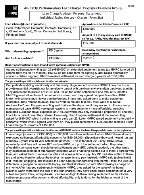 This is an example of a Loan Charge Impact statement taken as evidence by the Loan Charge and Taxpayer Fairness Group AAP. These statements highlight the true impact of the Loan Charge on families and individuals and how that differs from what is reported by HMRC

Work for HMRC? Sick of the slaughter? Help us. Follow the link below:

https://www.hmrcloancharge.info/hmrc-whistleblower-portal/

To see a proposed solution to the mess visit:

https://www.loanchargeresolution.co.uk/wp-content/uploads/2024/08/Letter-to-Exchequer-Secretary-to-the-Treasury-about-the-Loan-Charge-August-2024.pdf


We understand that those affected may be having a tough time right now, especially given the disappointing announcement from the Government. If this is you please seek help. We attach contact details for Samaritans.
#LoanChargeScandal 
 
https://www.samaritans.org
Call: 116 123
