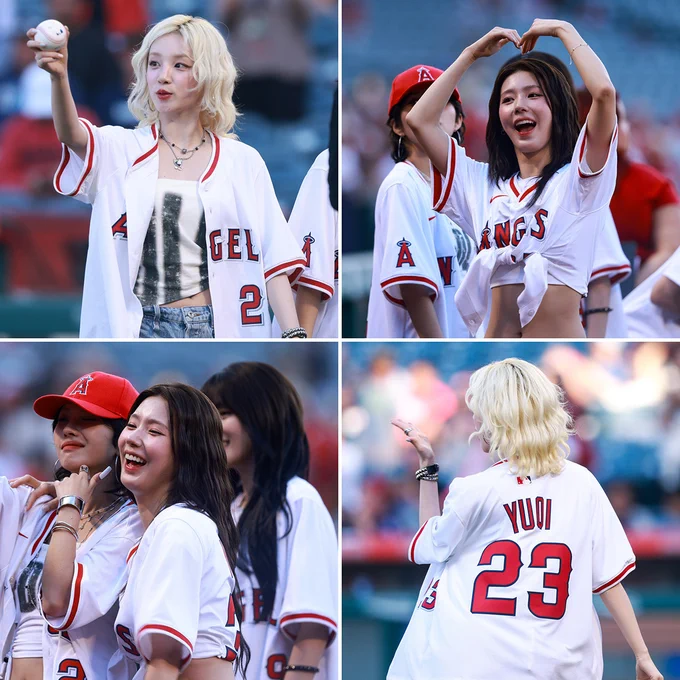 4 photos of members of i-dle on the field at Angel Stadium.