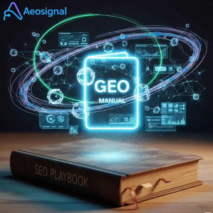 A dusty book titled 'SEO Playbook' lies closed on a desk, symbolizing outdated strategies. In contrast, a glowing digital manual labeled 'GEO' floats above, surrounded by holographic AI data streams, neural networks, and futuristic interface elements. The scene conveys the evolution from traditional SEO to Generative Engine Optimization, emphasizing AI-first content strategy.