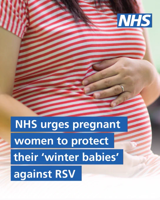Close-up of a pregnant woman in a red and white striped shirt gently holding her belly, with NHS urging protection against RSV for winter babies. Text reads 'NHS urges pregnant women to protect their 'winter babies' against RSV'.