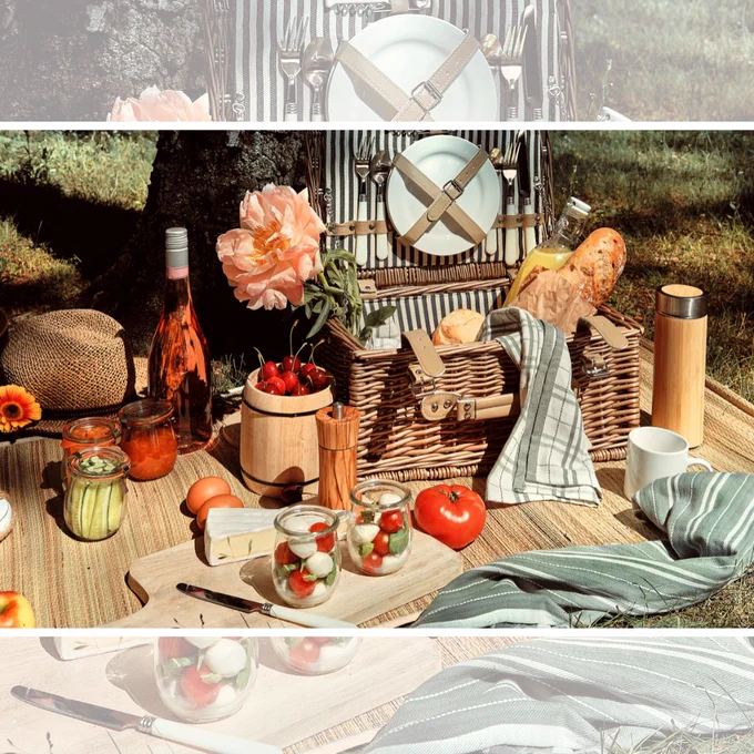 There is s a picnic basket and food using reusable or repurposed items