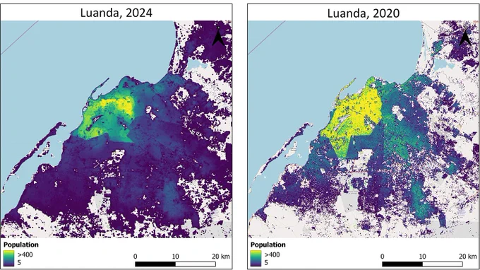Graphic image showing comparison of population count estimates modelled from new covariates (year 2024) and population count estimates modelled from 2020 covariates for Luanda (Angola)