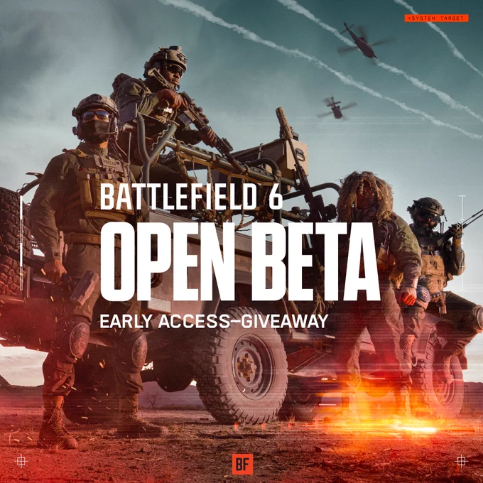 Grafik mit Hinweis auf ein Early Access-Giveaway für die Battlefield 6 Open Beta mit Soldaten und Militärfahrzeug.