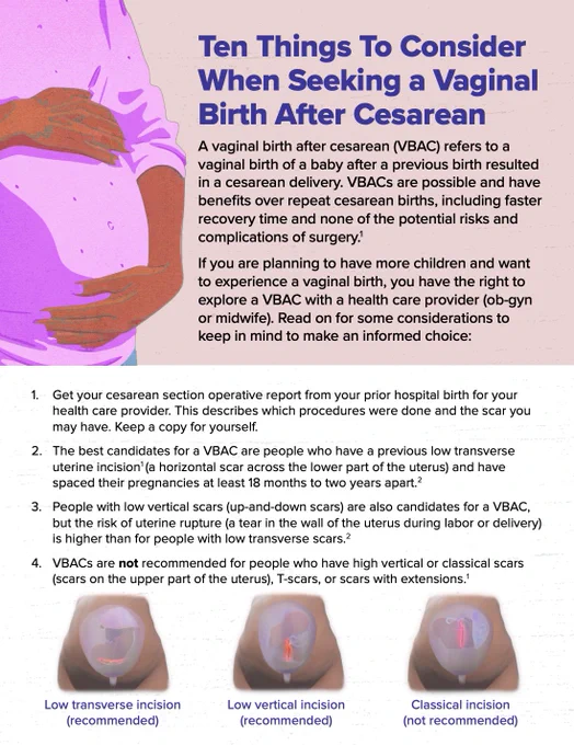 Photo of page 1 of the Ten Things To Consider When Seeking a VBAC poster. Accessible PDF at the link.