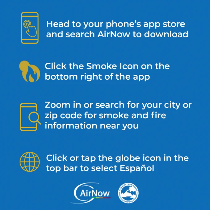 Instructions for downloading the airnow app on your mobile device. Smartphone icon: "Head to your phone's app store and search AirNow to download. Fire icon: "click the smoke icon on the bottom right of the app." Smartphone and magnifying glass icon: "zoom in or search for your city or zip code for smoke and fire information near you." Globe icon: "click or tap the globe icon in the top bar to select español". AirNow logo. Interagency Wildland Fire Air Quality Response Program logo.