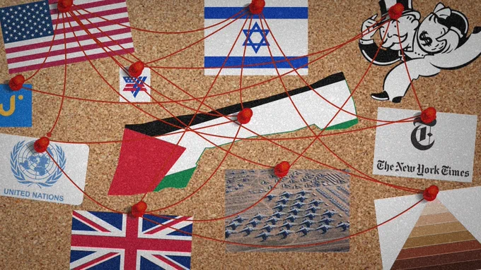 Corkboard with red pins and strings connecting the Gaza Strip to various actors and concepts, including the US, Israel, the UN, the UK, the NYT, and more. 